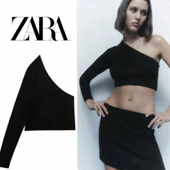 Zara Black Asymmetrical Knit Crop Top Size L - Picture 1 of 8